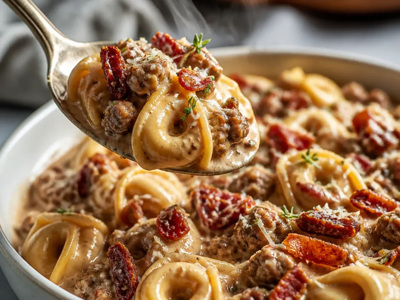 Rustic beef and sun-dried tomato tortellini topped with basil and pine nuts