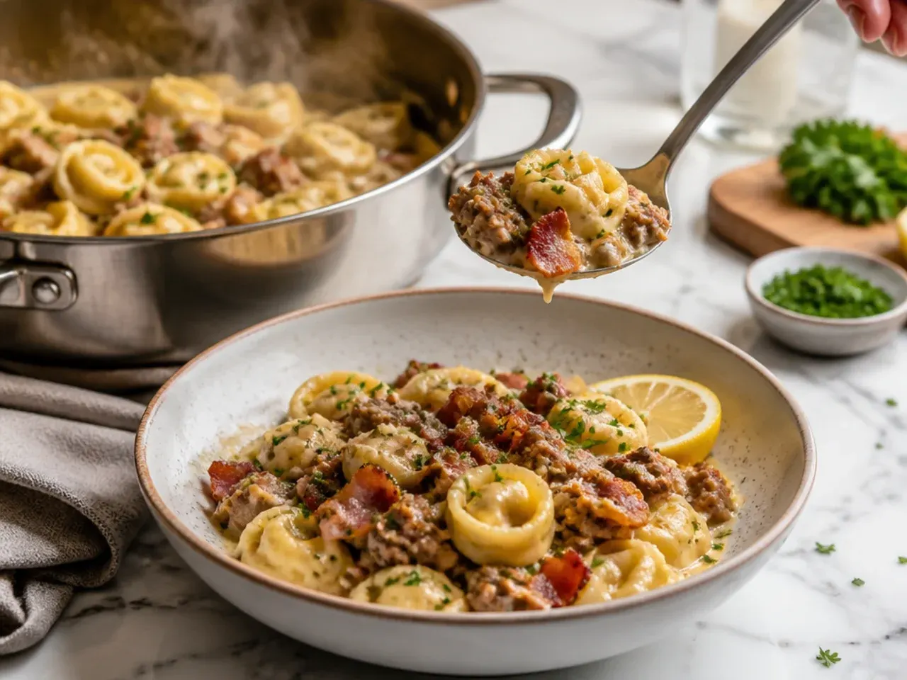 Loaded beef tortellini topped with crispy bacon pieces