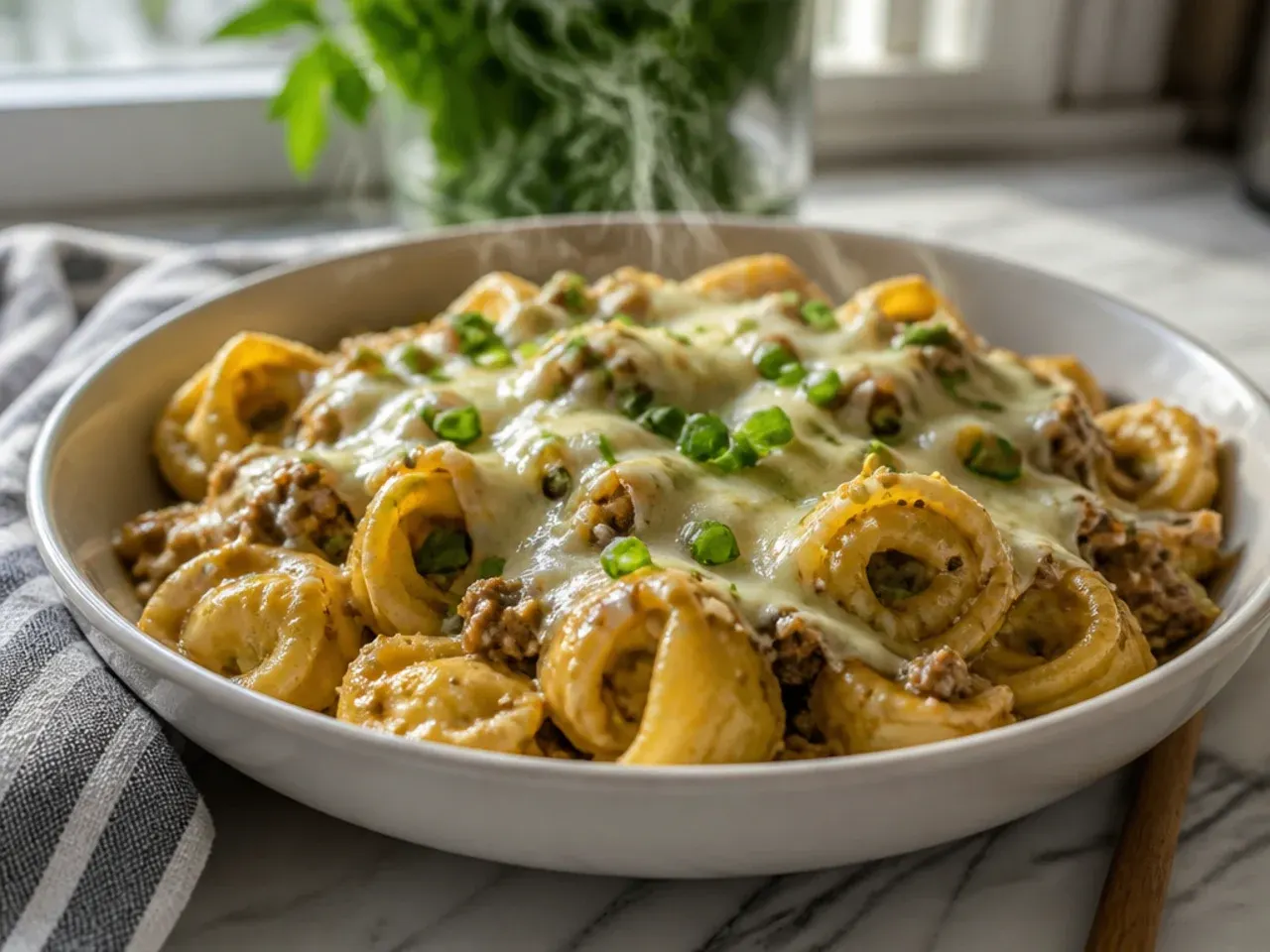 Family-size beef tortellini bake fresh out of the oven in a large dish