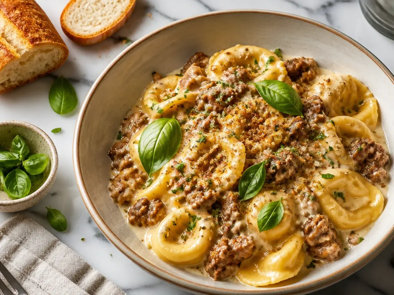 Best-ever creamy beef tortellini with a glossy tomato cream sauce
