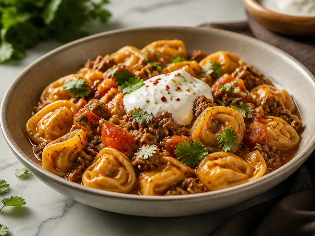 One-pot beef tortellini skillet with tortellini simmering directly in the sauce