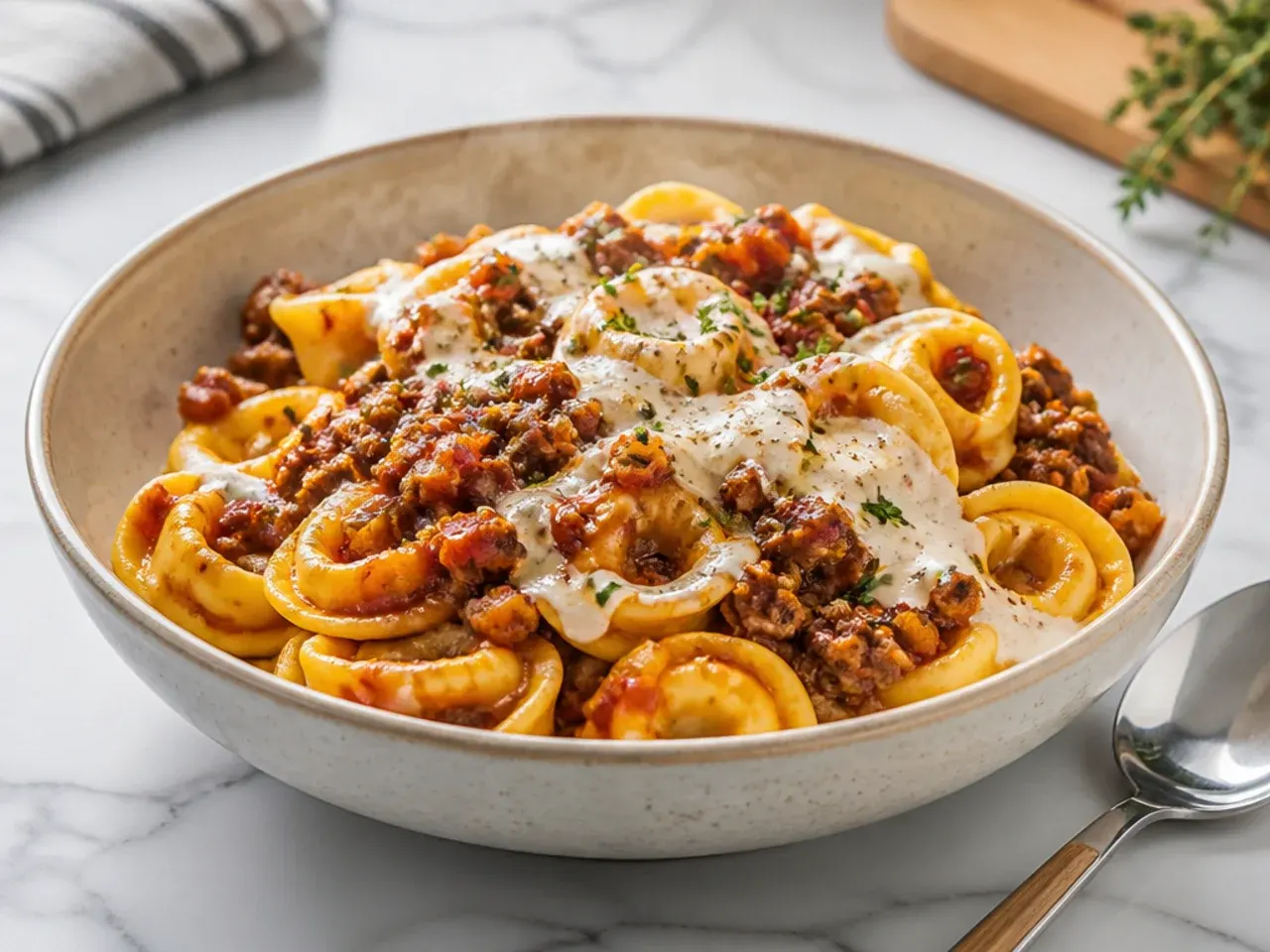 Classic beef bolognese sauce being spooned over tortellini