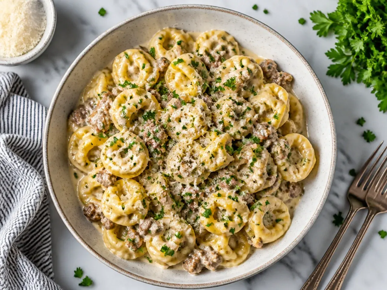 Ground beef tortellini alfredo coated in a creamy white sauce