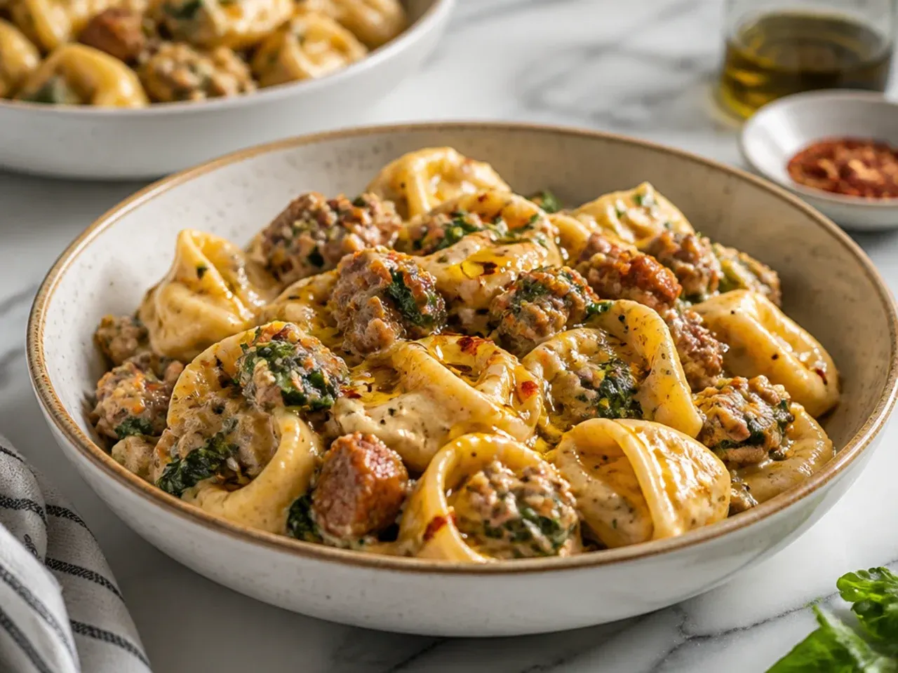 Hearty beef and sausage tortellini in a rich tomato sauce