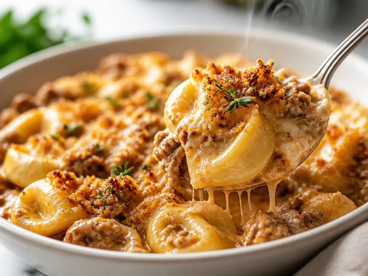 Cozy beef tortellini casserole with a golden set top