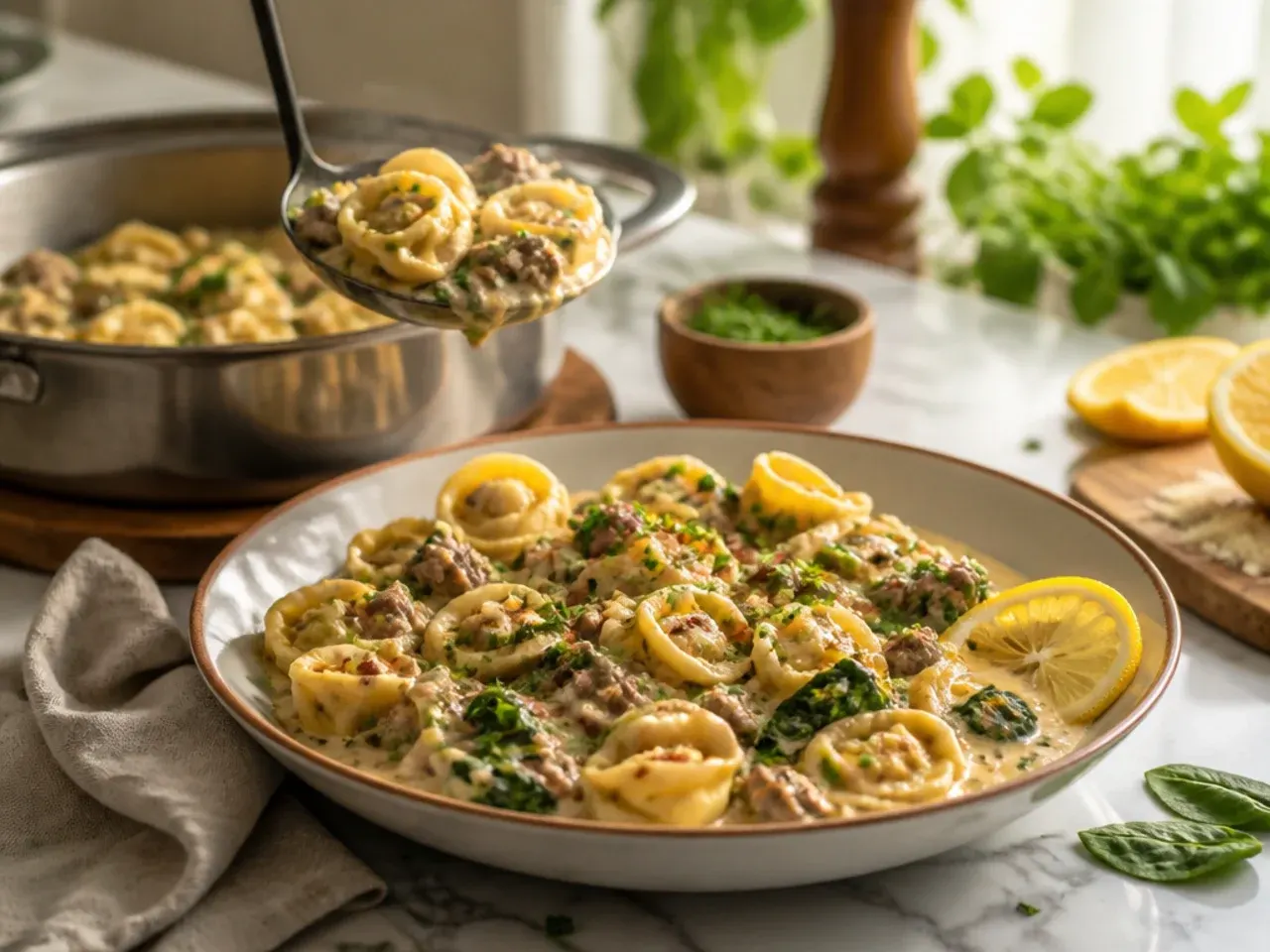 Creamy beef tortellini with wilted spinach stirred through