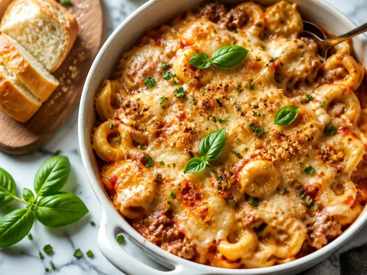 Cheesy baked beef tortellini with bubbling mozzarella on top