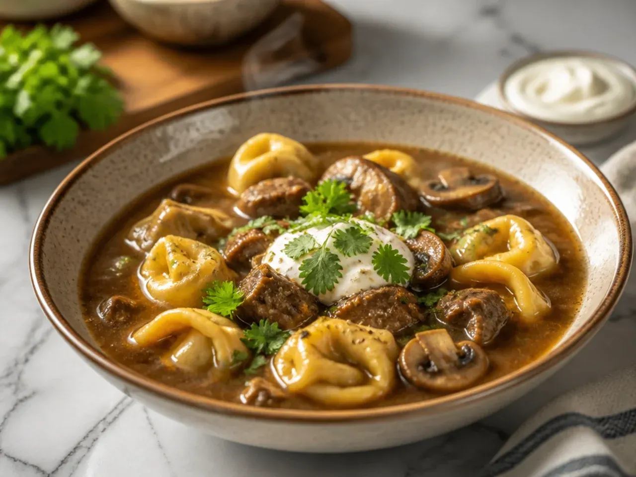 Beef and mushroom soup tortellini in a creamy mushroom sauce
