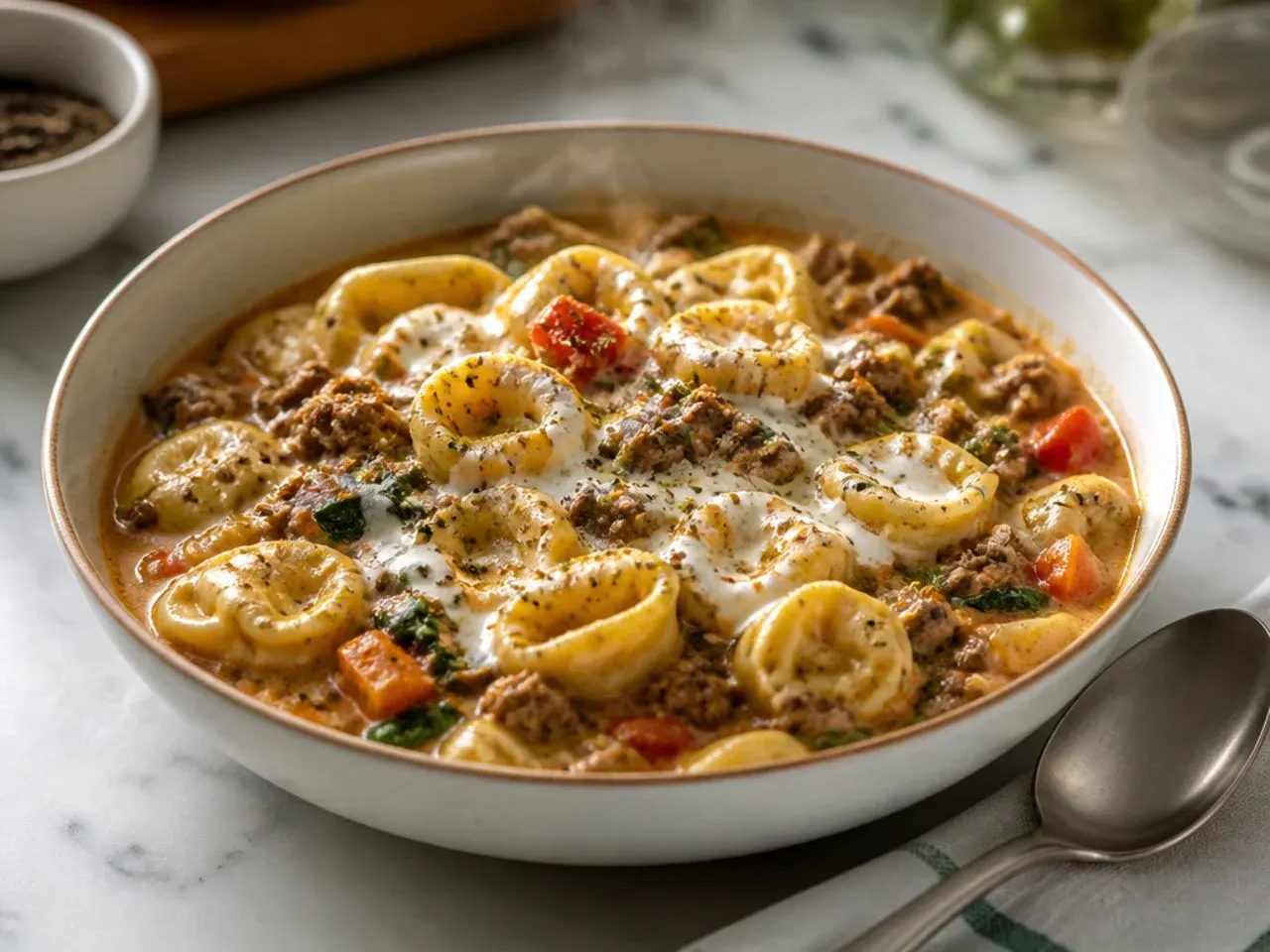 Budget beef and vegetable tortellini with grated carrot and courgette