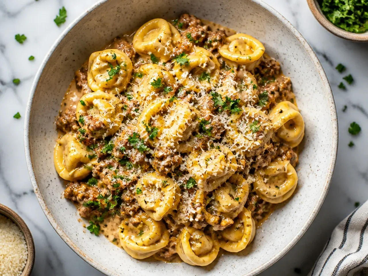 Thirty-minute beef tortellini plated and ready to serve
