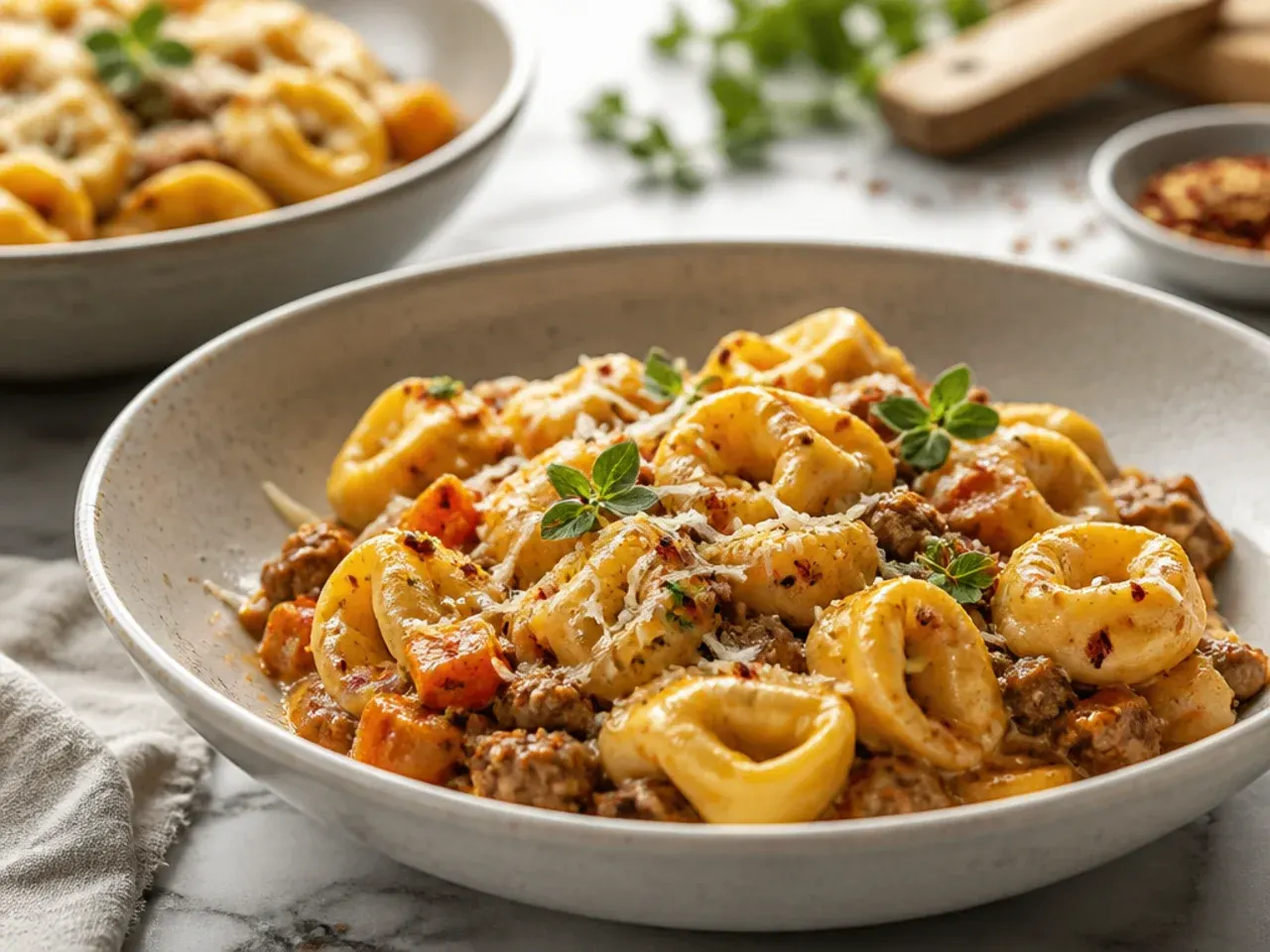 Rustic beef ragu spooned generously over tortellini