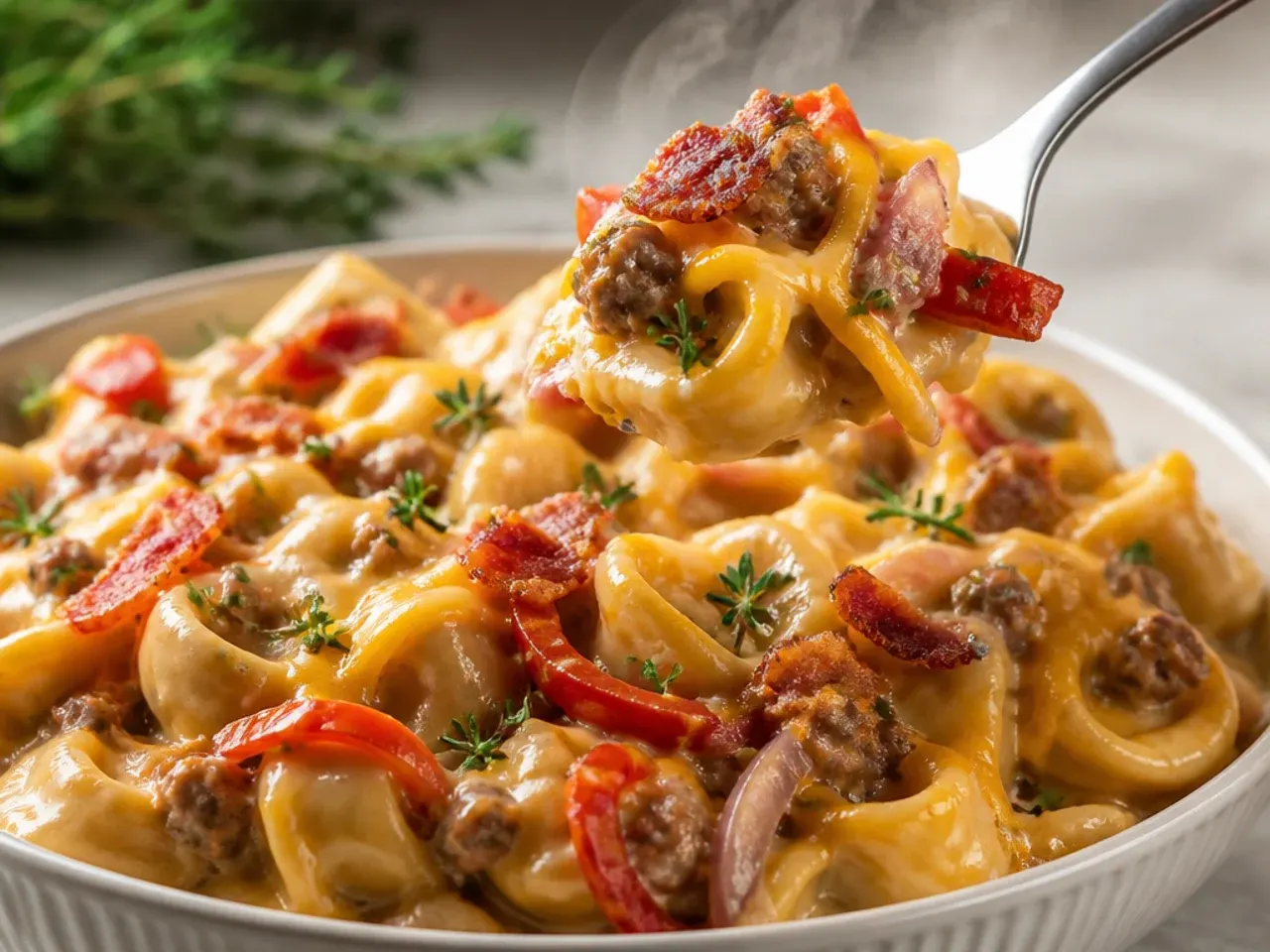 Loaded beef tortellini with sautéed peppers and onions