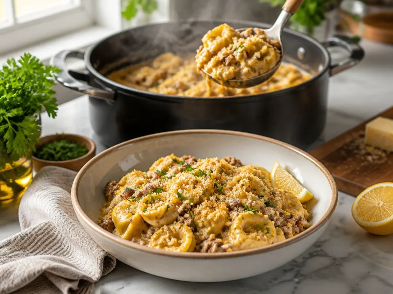 Family beef tortellini bake topped with golden garlic breadcrumbs
