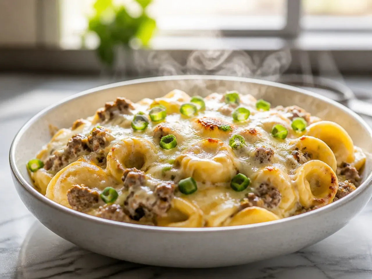 Best-ever beef tortellini alfredo bake with bubbling mozzarella