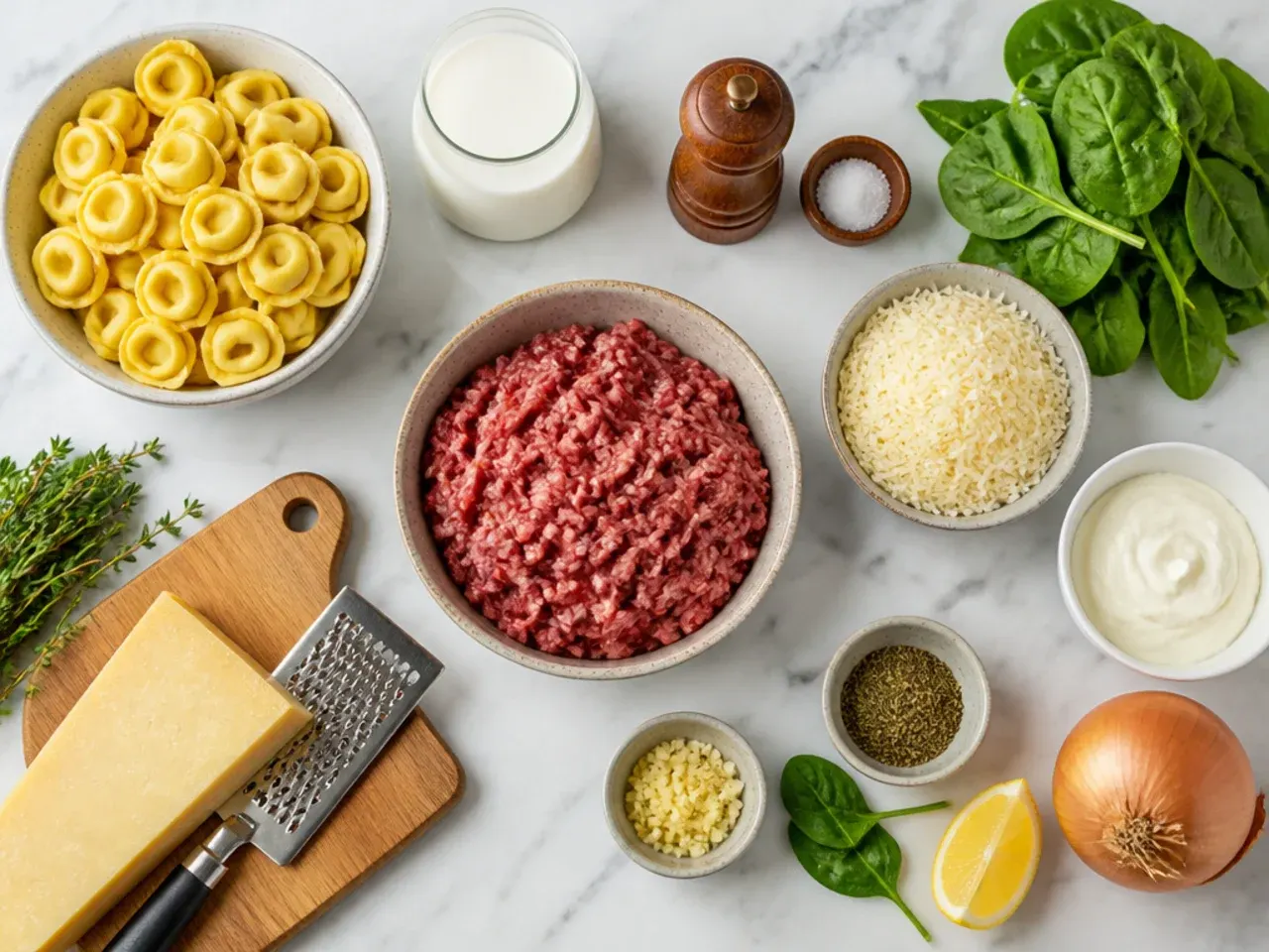 Hands stirring a pot of beef tortellini sauce with a wooden spoon