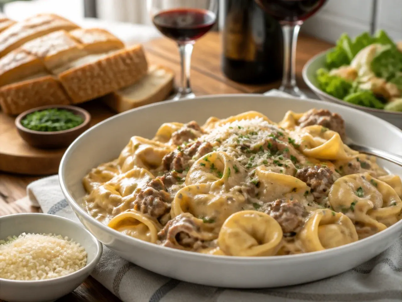 Beef tortellini served with garlic bread and a green salad
