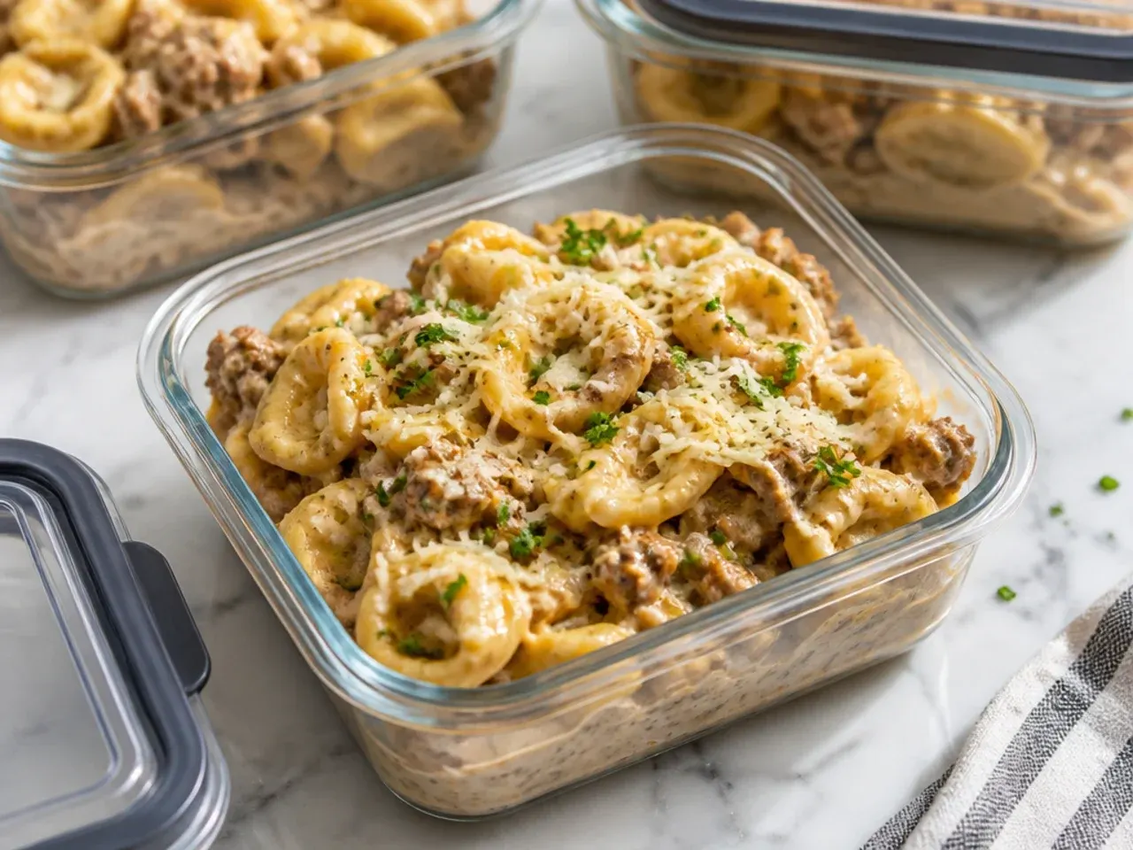 Leftover beef tortellini stored in an airtight glass container