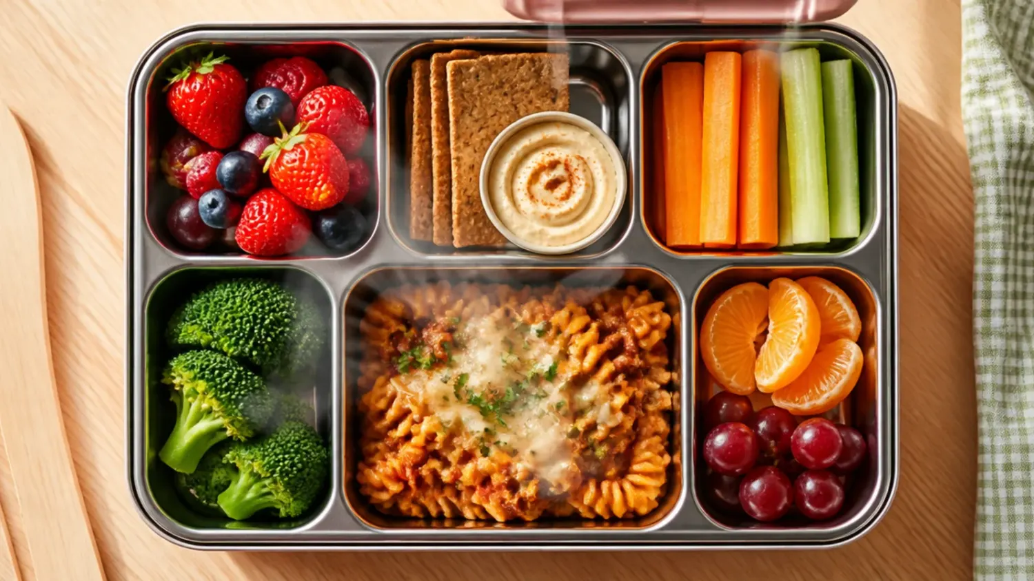 Overhead view of a packed bento box lunch with sliced teriyaki chicken, rice, rolled omelette, broccoli and cherry tomatoes