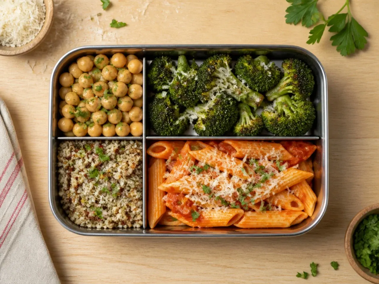 Meal-prepped bento box components stored separately in airtight containers in the fridge