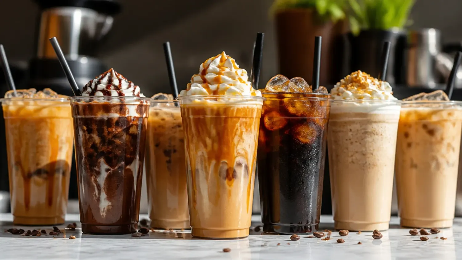 A lineup of iced copycat 7 Brew coffee drinks in clear cups on a wooden counter, layered with cream and caramel drizzle