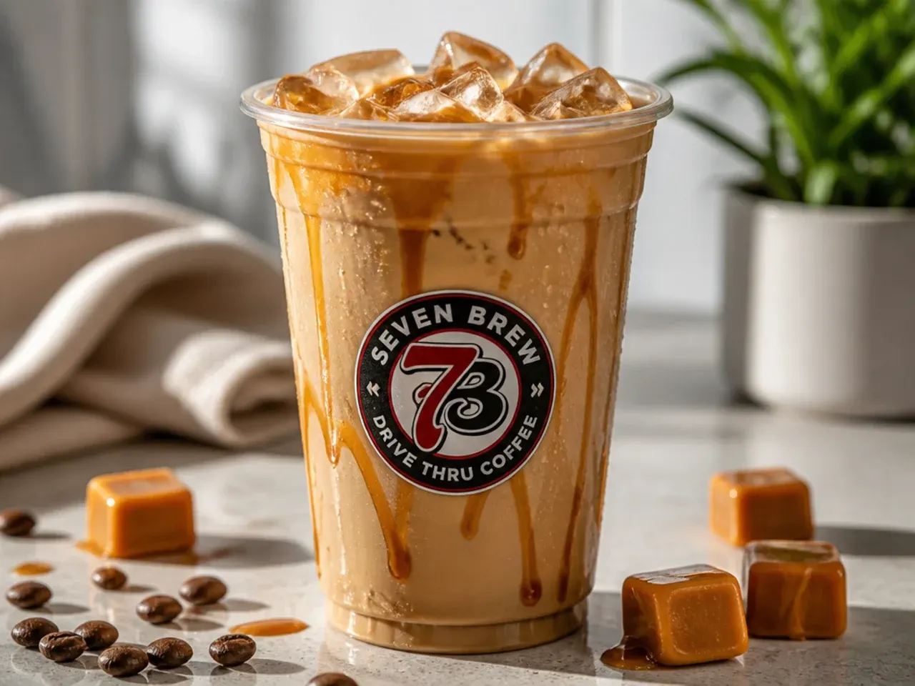 Overhead shot of ingredients for copycat 7 Brew coffee drinks including espresso, syrups and cream