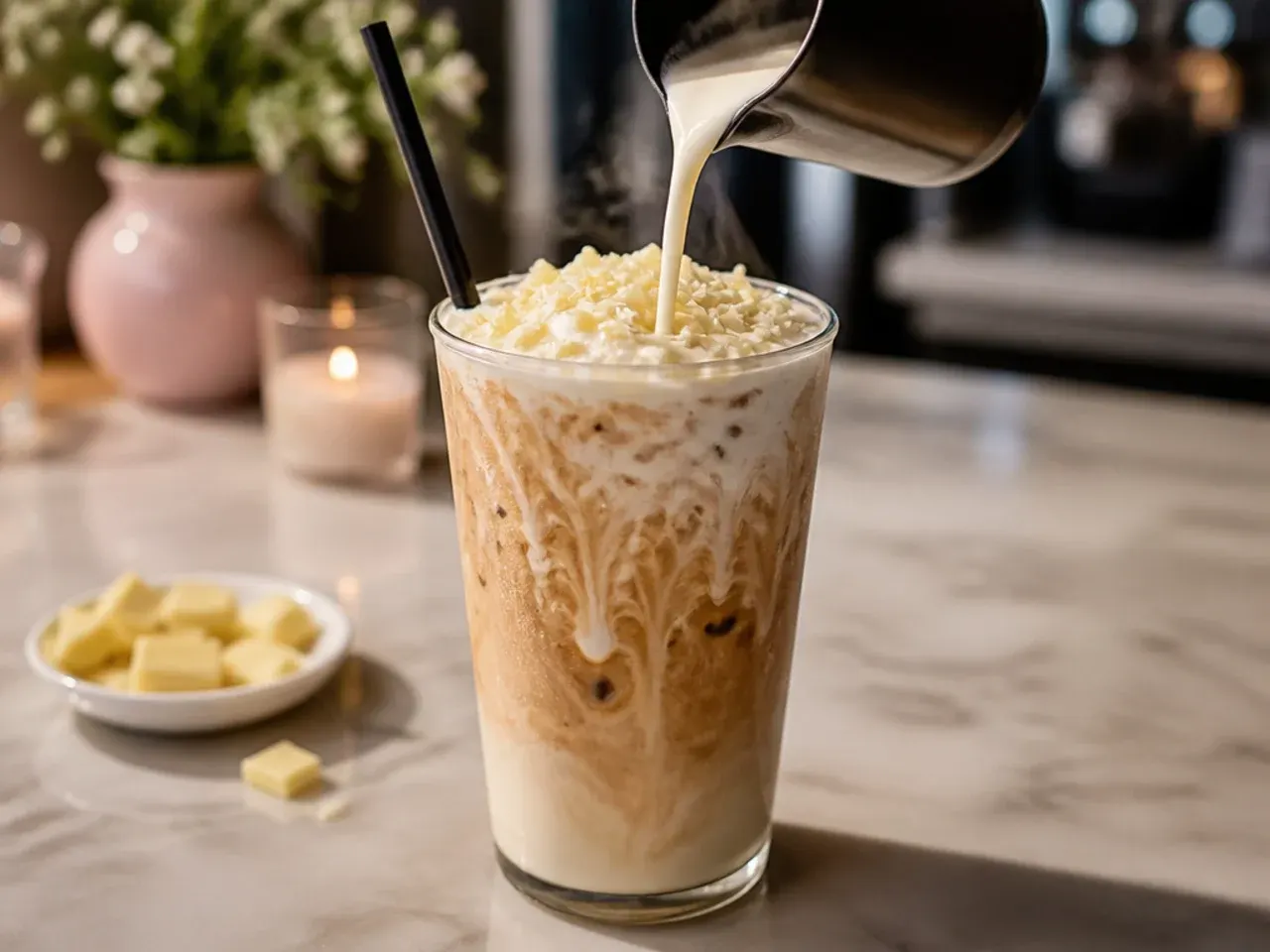 Creamy white chocolate mocha in a mug with white chocolate curls on top
