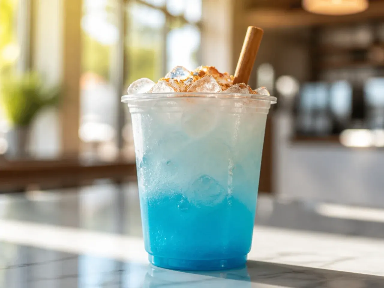 Refreshing blue Ocean Breeze fizz drink with ice and a lime wedge