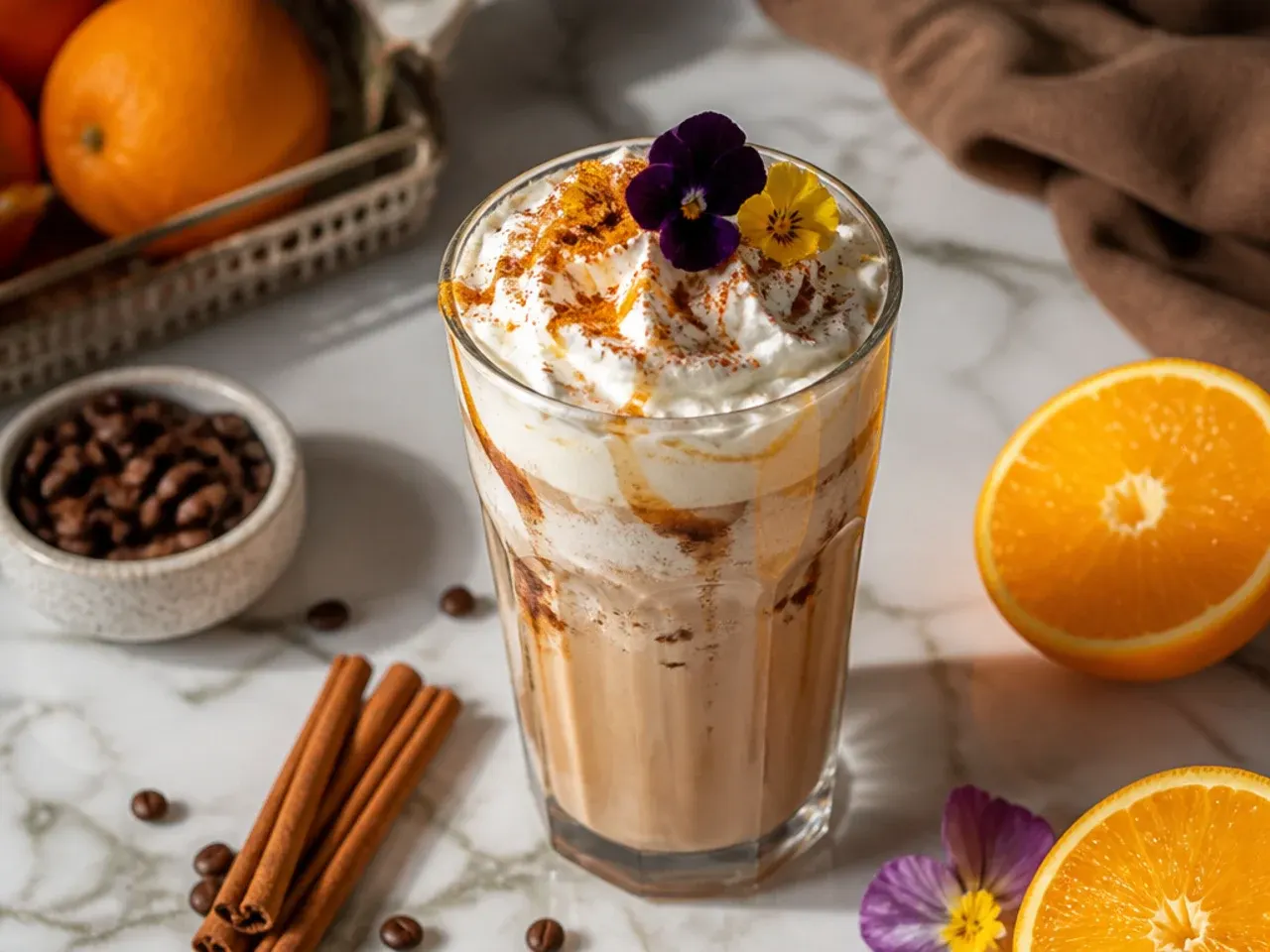 Cozy cinnamon roll latte with cinnamon dusted foam in a ceramic mug