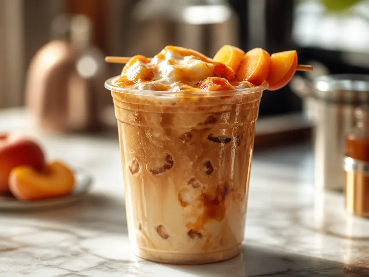 Sweet peach cobbler iced coffee with diced peach at the bottom of the glass