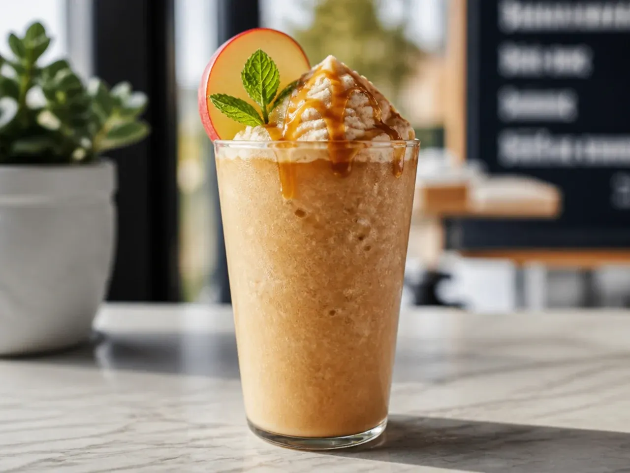 Frozen caramel apple coffee freeze in a glass with caramel drizzle on the sides