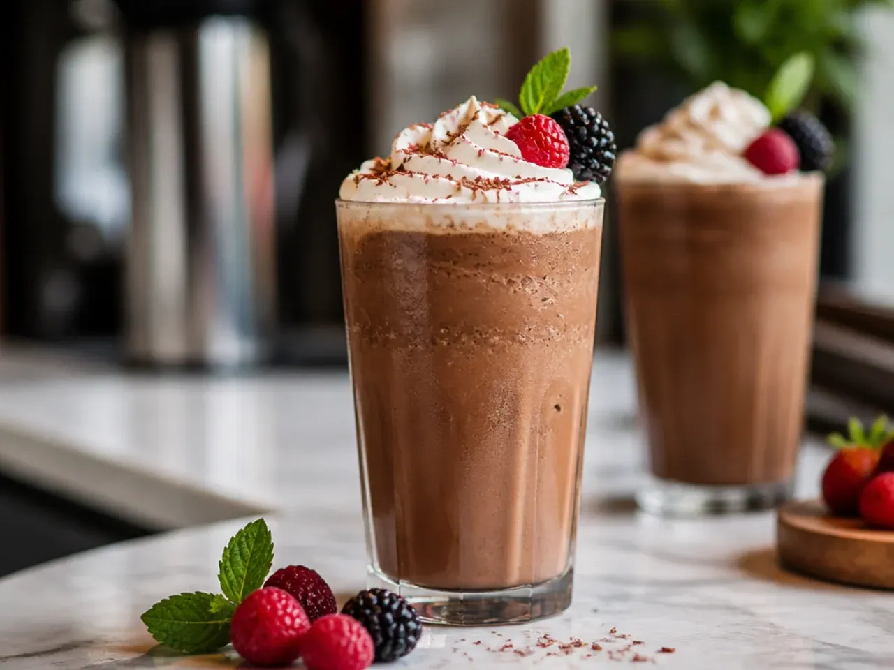 Blended mocha freeze topped with whipped cream and chocolate drizzle
