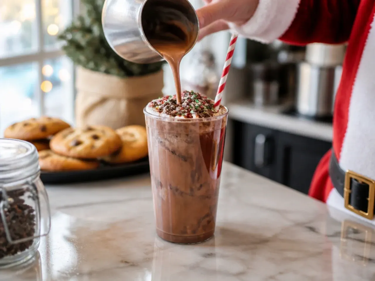 Festive Santa's Cookie Mocha topped with crushed shortbread biscuit