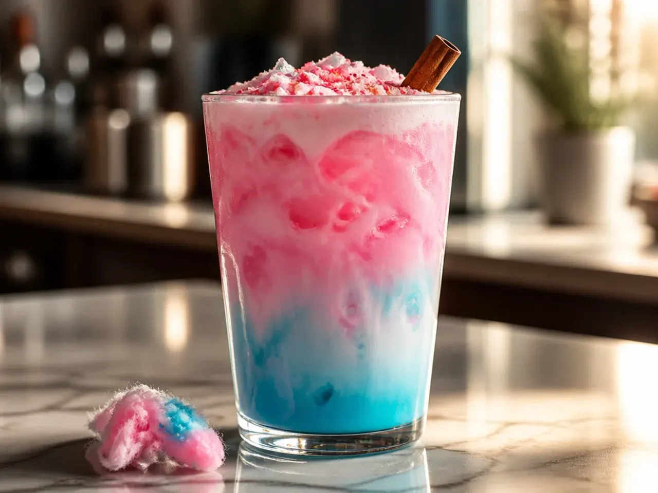 Layered Pixie Stick latte with pink and blue syrup layers visible through the glass