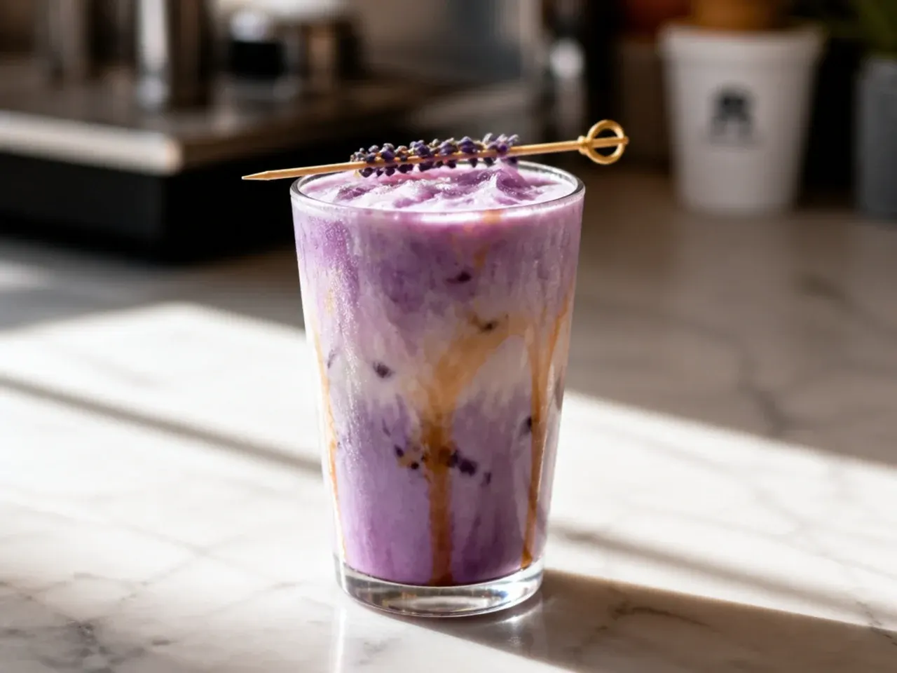 Smooth lavender honey latte with dried lavender buds on the foam