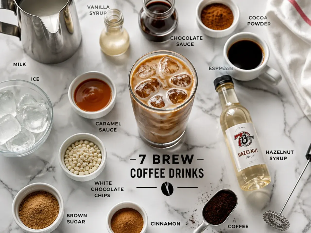 Hands frothing milk for a copycat 7 Brew coffee drink with a handheld frother