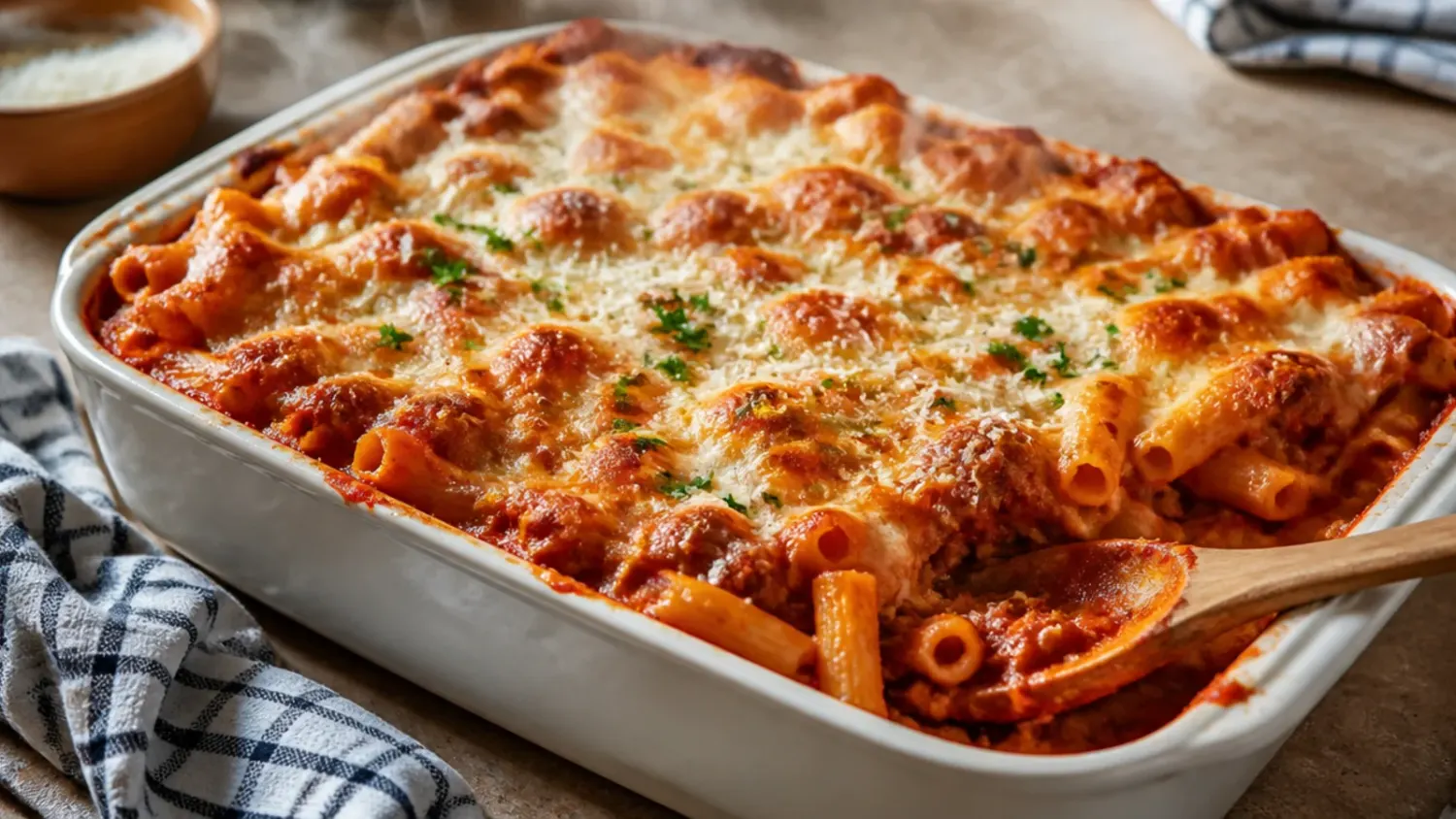 Overhead shot of a bubbling baked ziti casserole in a white dish, golden mozzarella cheese pulled apart with a serving spoon