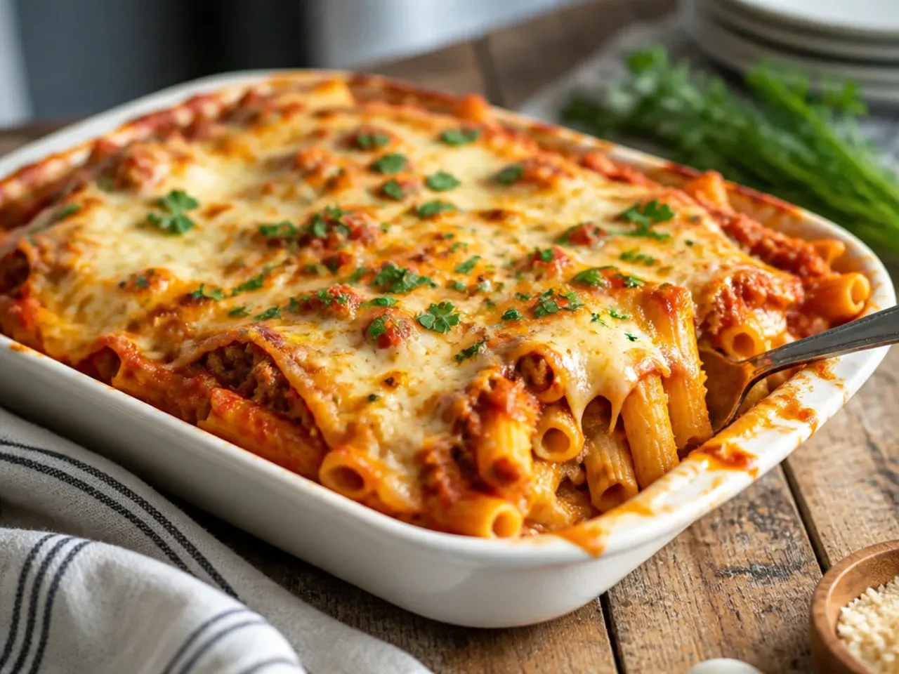 Close-up of creamy baked ziti with melted cheese and tomato sauce in a baking dish