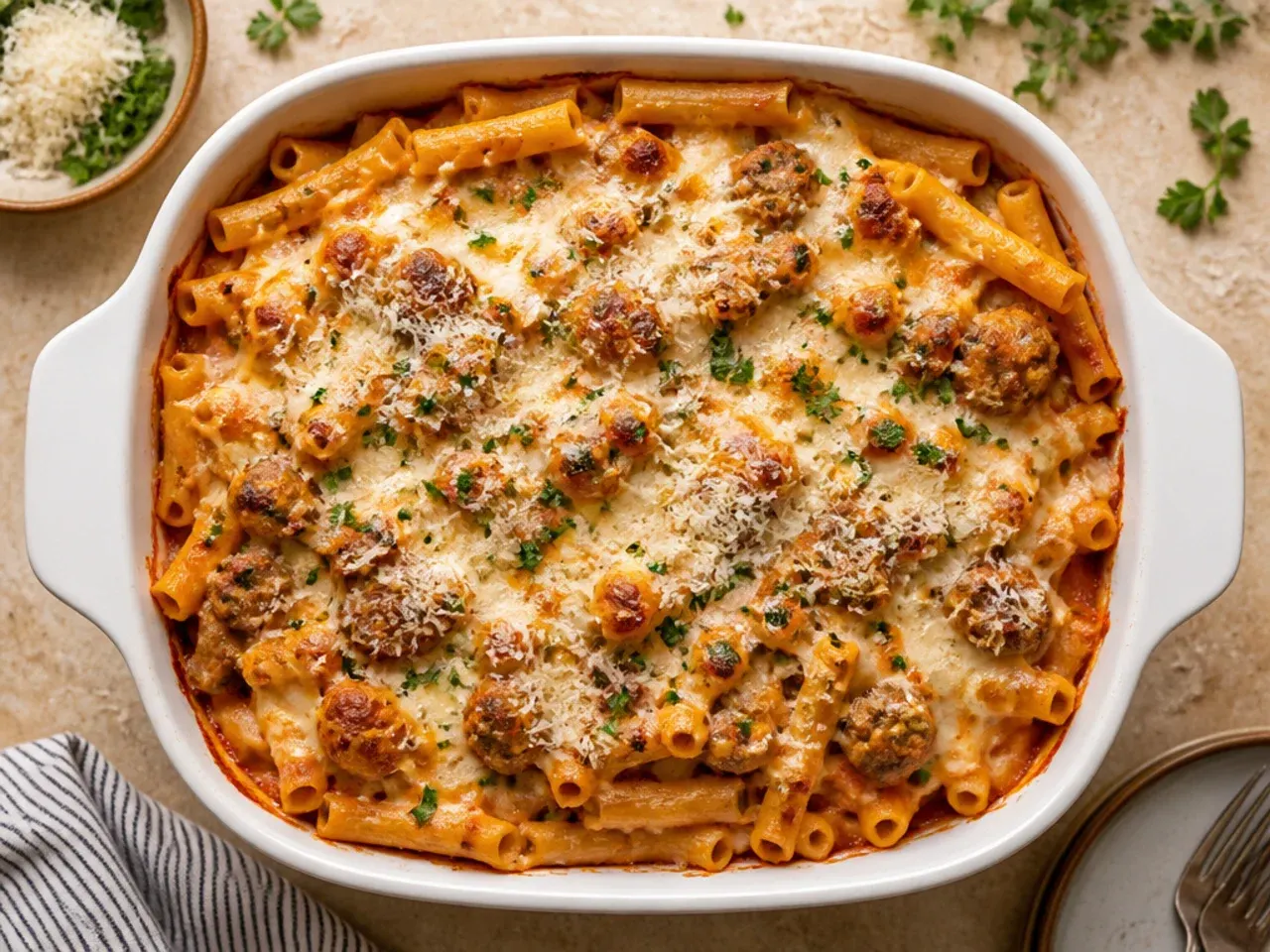 Classic baked ziti with sausage and three cheeses fresh out of the oven