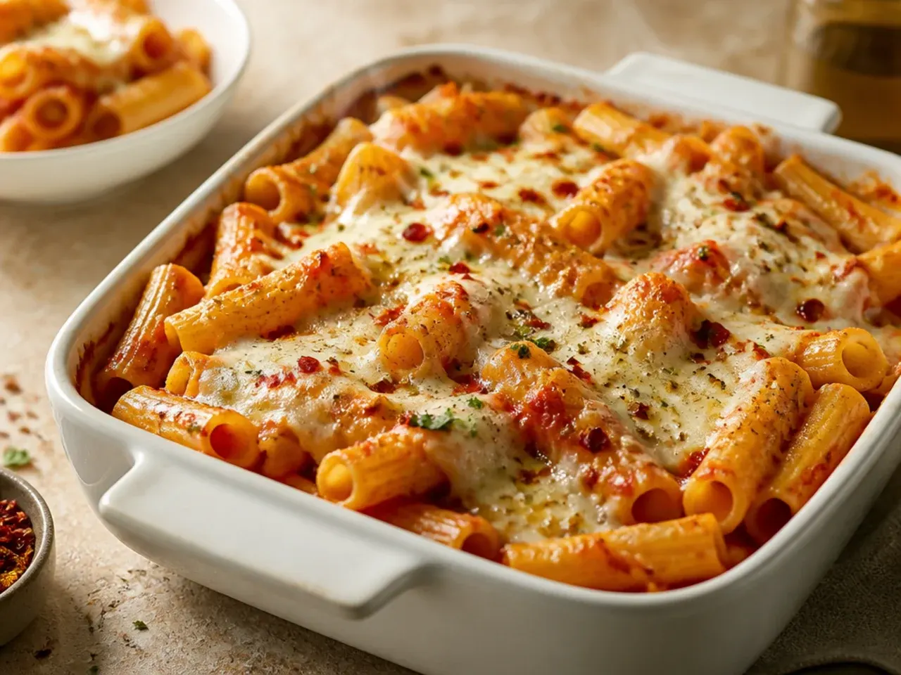 Simple five-ingredient baked ziti in a casserole dish with a spoon