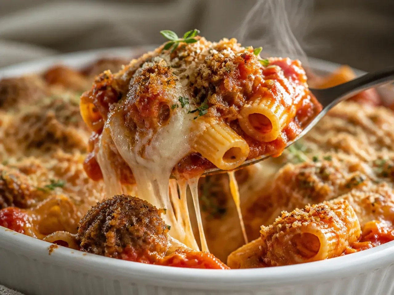 Baked ziti topped with whole meatballs and melted mozzarella