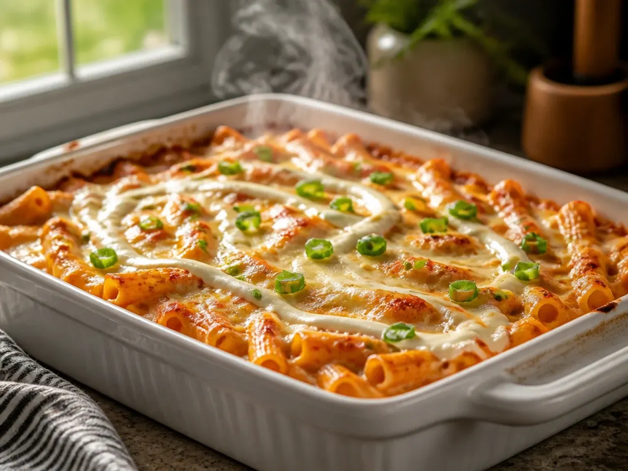 Baked ziti with a marbled alfredo and tomato sauce swirl