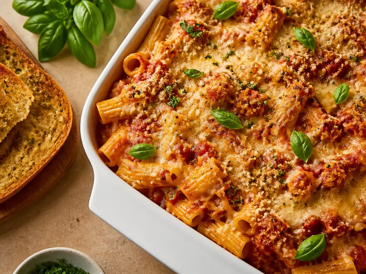 Dry ziti pasta layered in sauce before baking, no-boil method