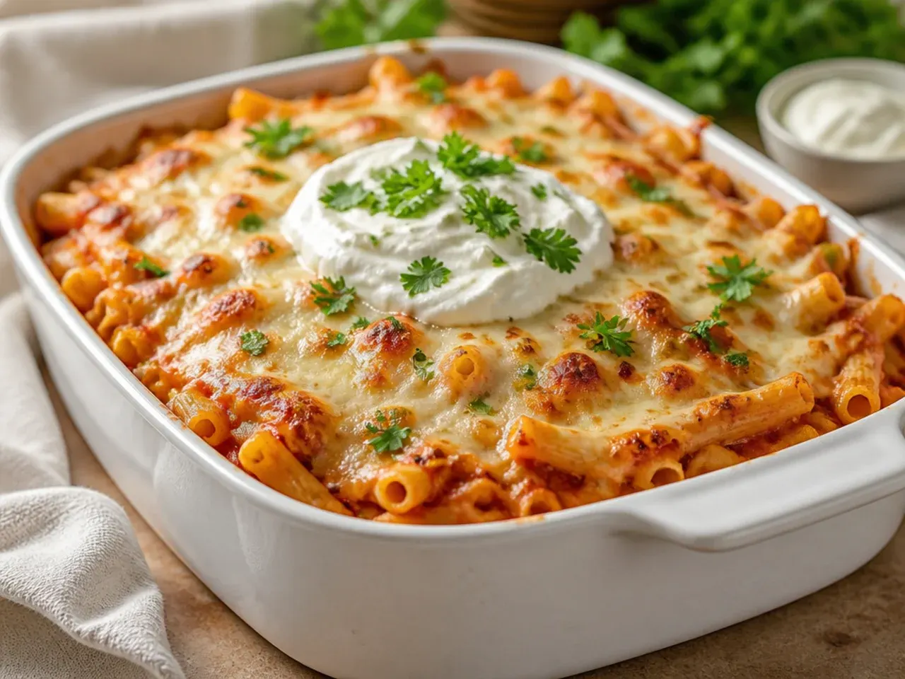 Four-cheese baked ziti with a long cheese pull on a serving spoon