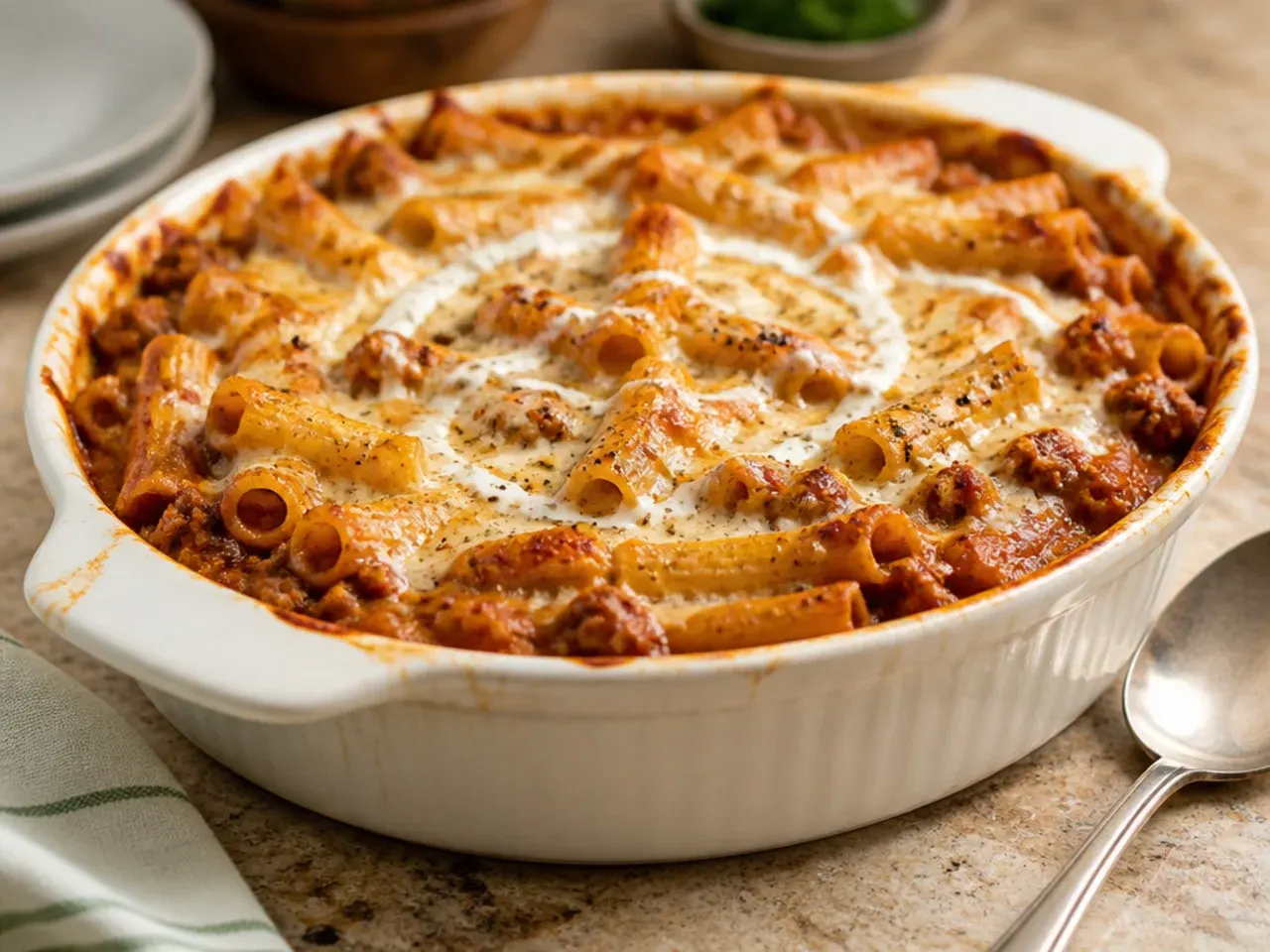 Pot of slow-simmered meat sauce ready to toss with pasta for baked ziti