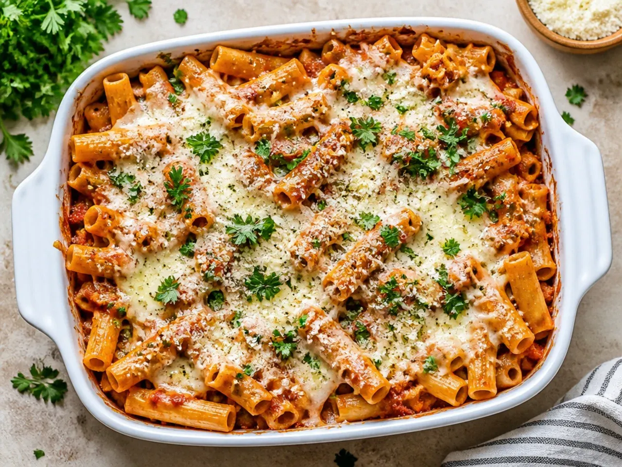 Budget-friendly baked ziti made with pantry staples
