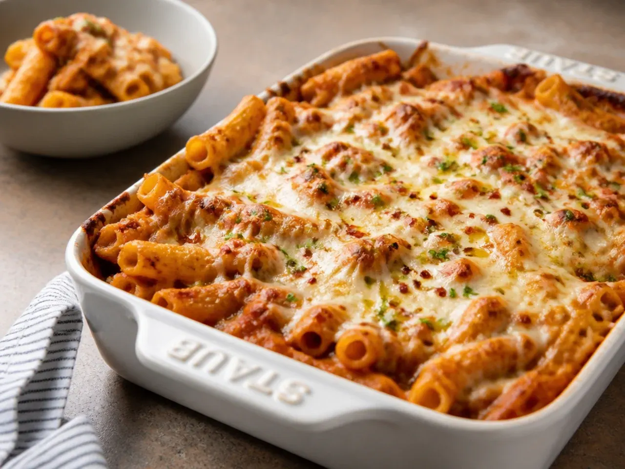 Quick weeknight baked ziti in a small dish ready to serve