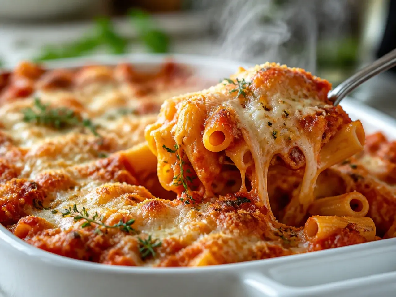 Rustic baked ziti made with San Marzano tomatoes and fresh basil