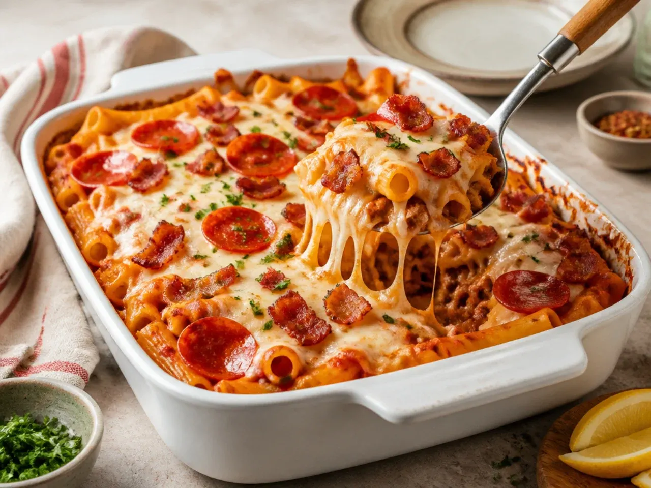 Loaded baked ziti topped with crispy pepperoni and bacon