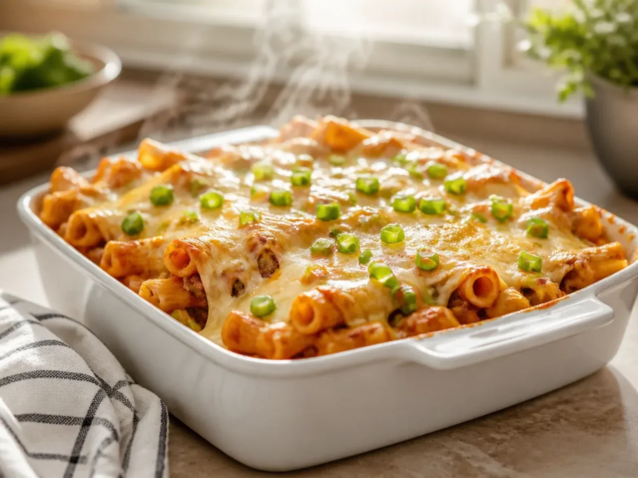 Large family-size baked ziti in a big casserole dish