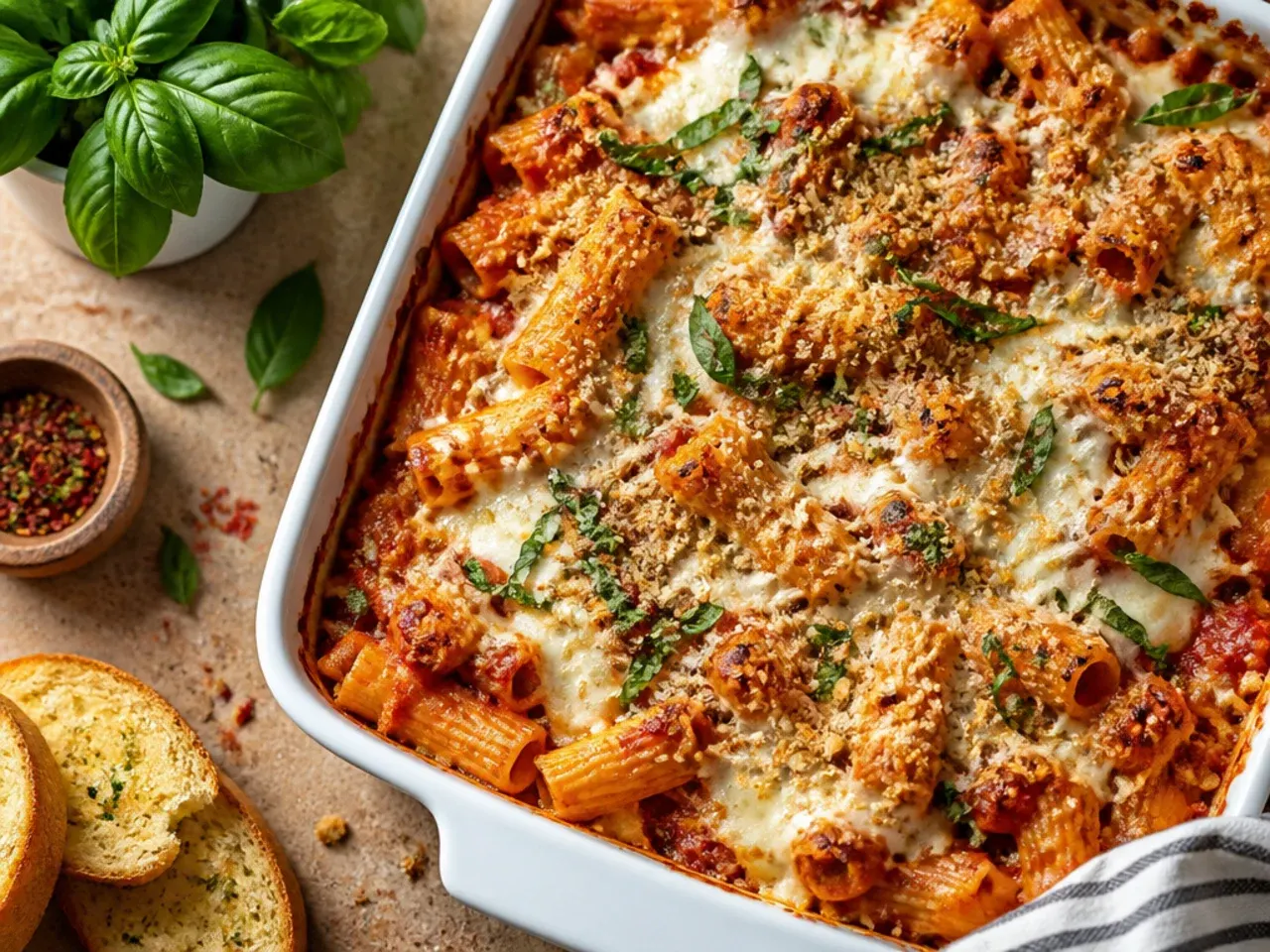 Baked ziti garnished with fresh torn basil leaves